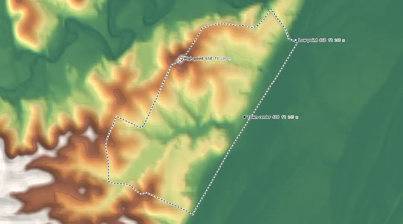 Topographic elevation map of Defiance, Missouri, shaded from 460 ft on the northeast side to 650 ft on the northwest side