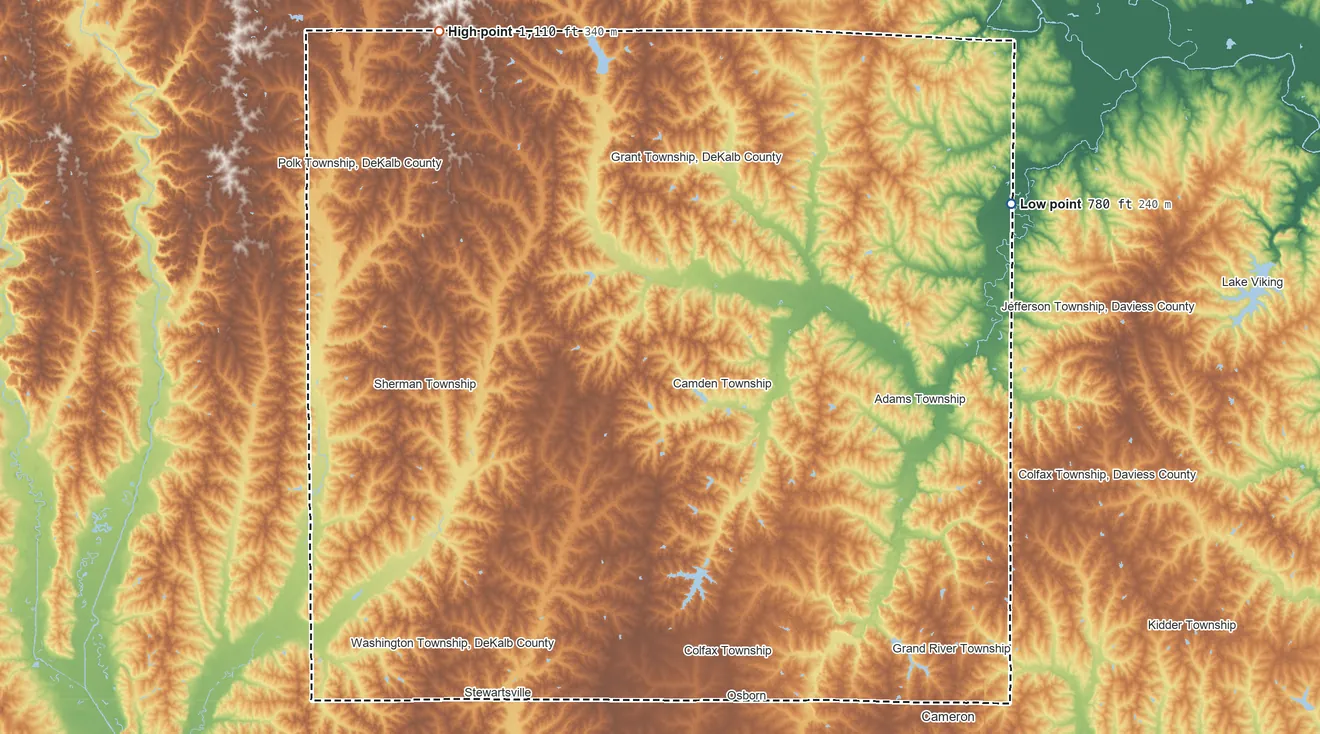 Topographic elevation map of DeKalb County, Missouri, shaded from 780 ft on the northeast side to 1,110 ft on the northwest side