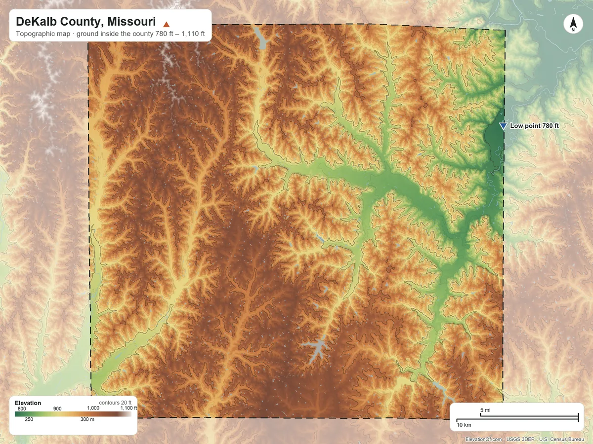 Topographic elevation map of DeKalb County, Missouri, shaded from 780 ft on the northeast side to 1,110 ft on the northwest side