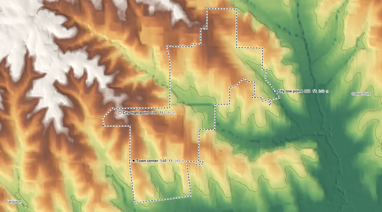 Topographic elevation map of Dellwood, Missouri, shaded from 460 ft on the northeast side to 600 ft on the north side
