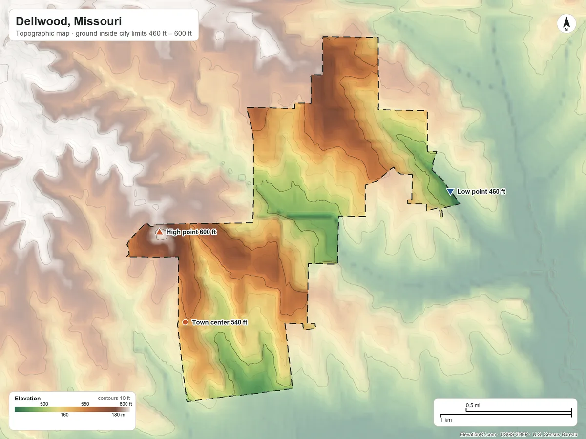 Topographic elevation map of Dellwood, Missouri, shaded from 460 ft on the northeast side to 600 ft on the north side