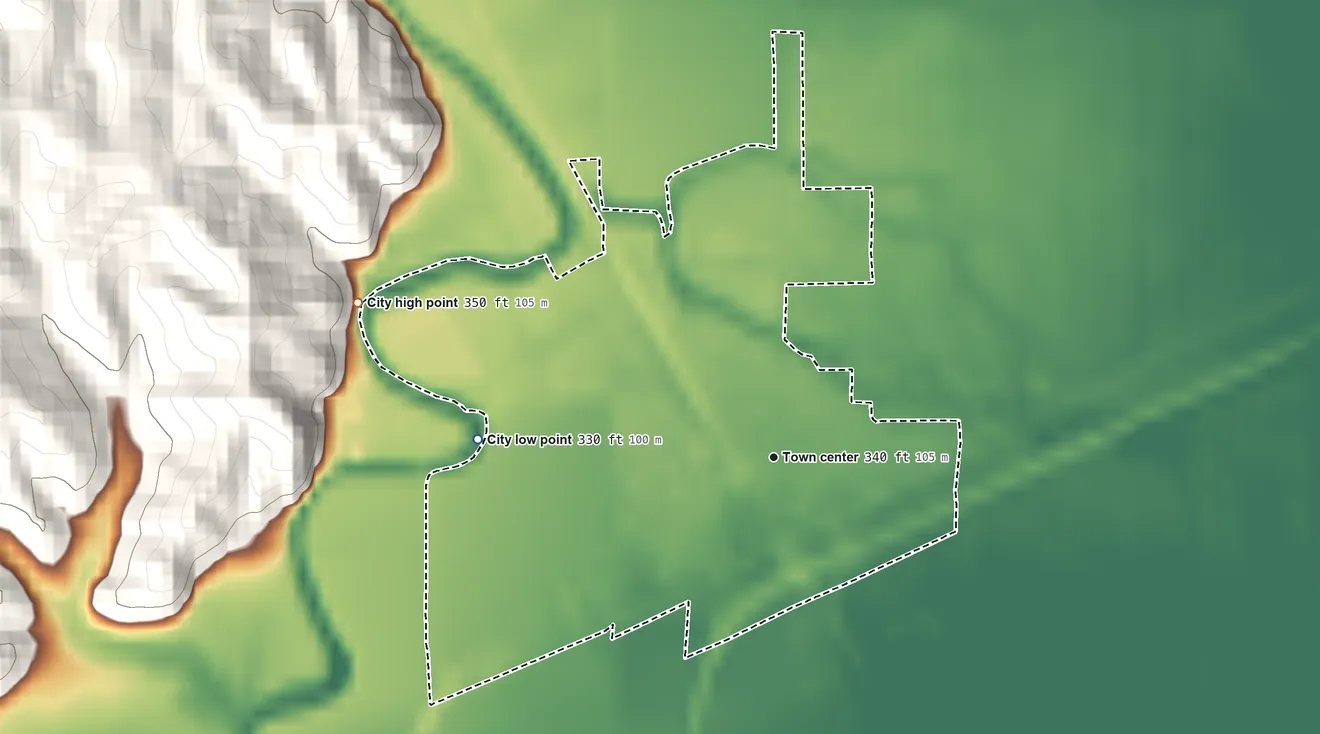 Topographic elevation map of Delta, Missouri, shaded from 330 ft on the west side to 350 ft on the west side