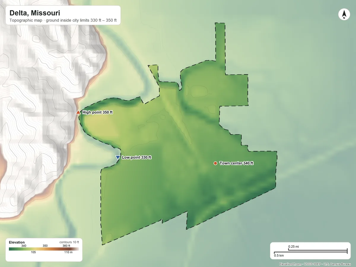 Topographic elevation map of Delta, Missouri, shaded from 330 ft on the west side to 350 ft on the west side