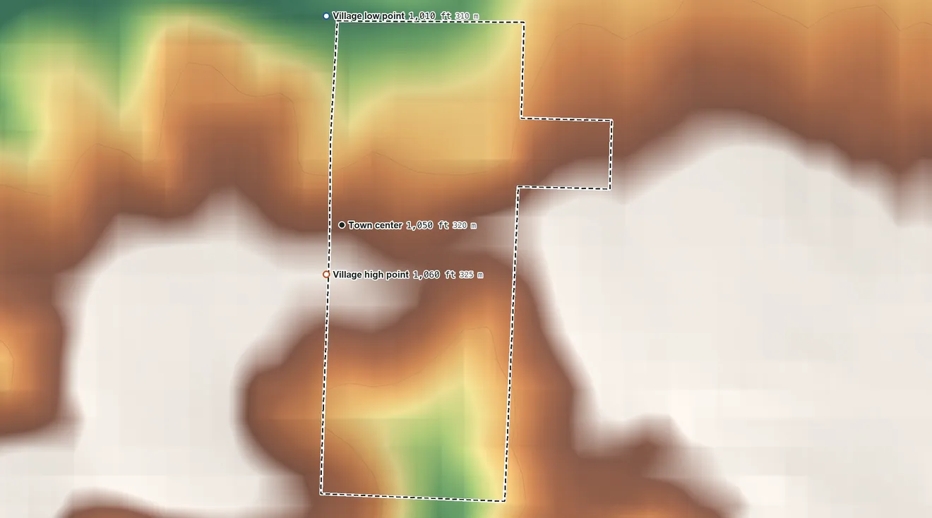 Topographic elevation map of Dennis Acres, Missouri, shaded from 1,010 ft on the north side to 1,060 ft near the middle