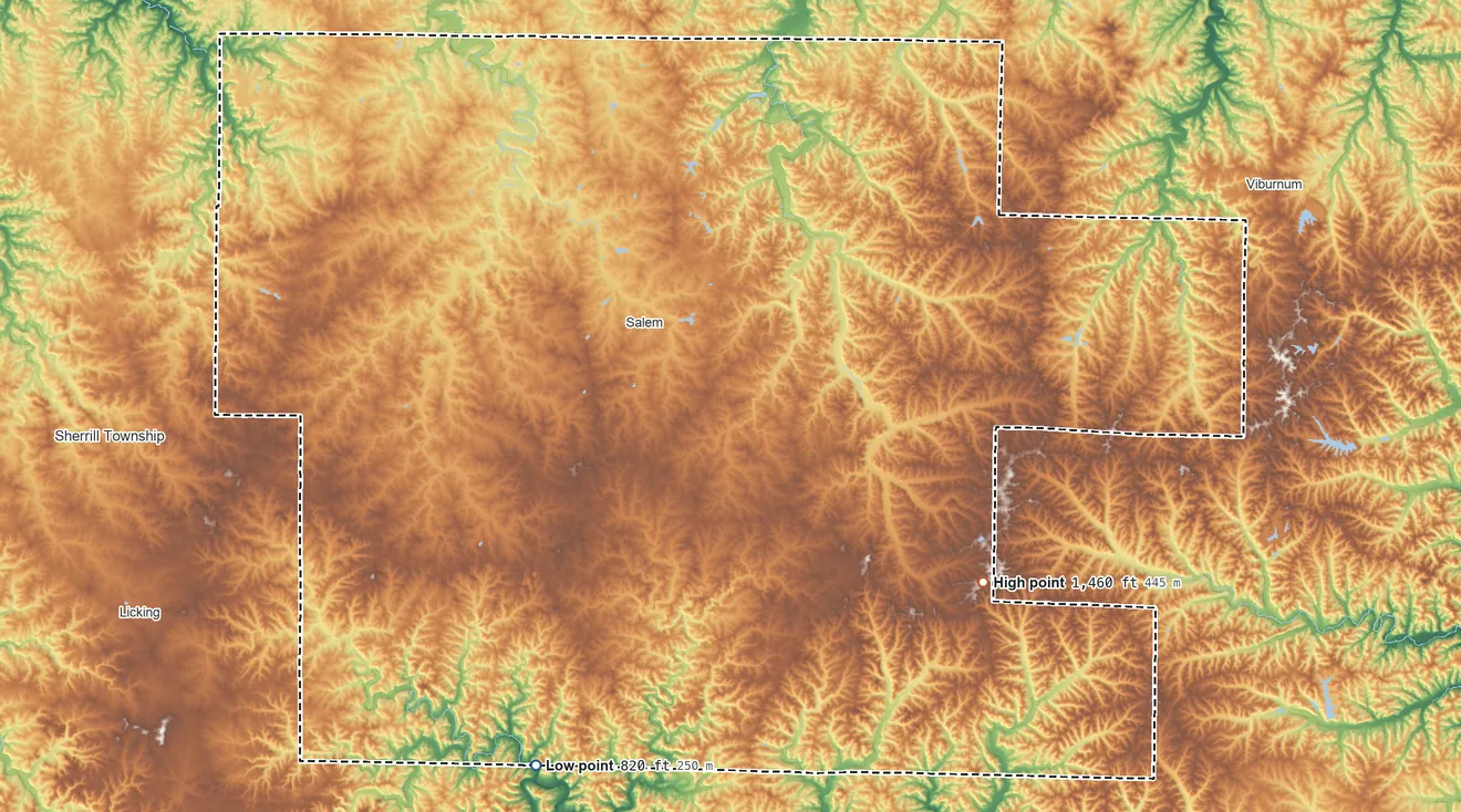 Topographic elevation map of Dent County, Missouri, shaded from 820 ft on the southwest side to 1,460 ft on the southeast side