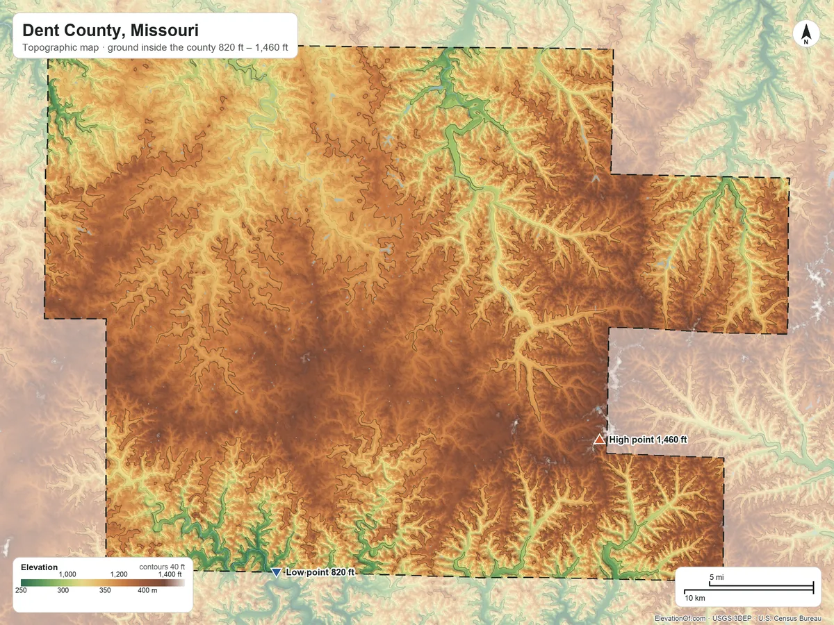 Topographic elevation map of Dent County, Missouri, shaded from 820 ft on the southwest side to 1,460 ft on the southeast side