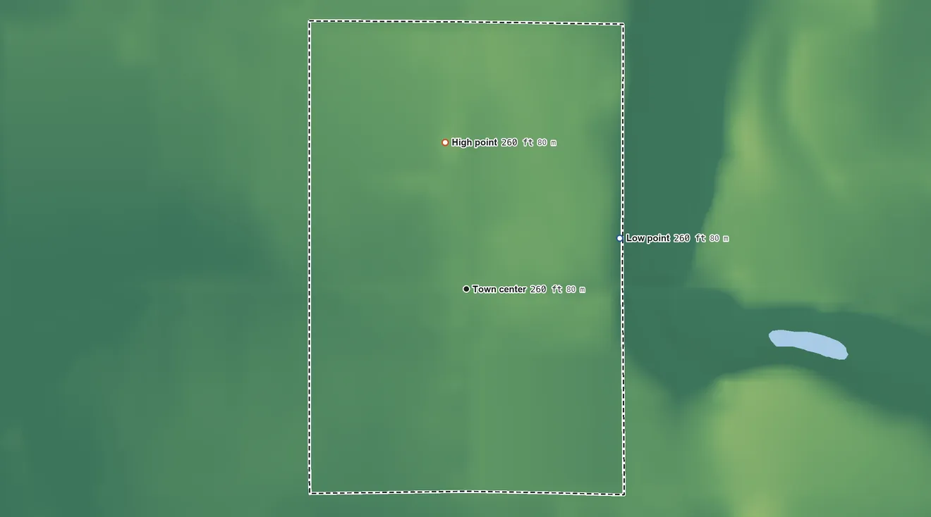 Topographic elevation map of Denton, Missouri, shaded from 260 ft on the east side to 260 ft on the north side