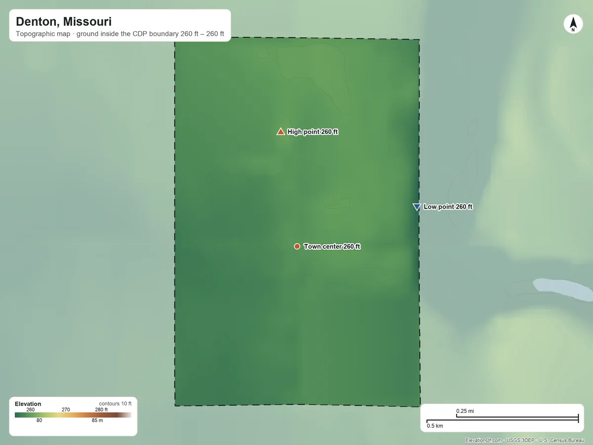 Topographic elevation map of Denton, Missouri, shaded from 260 ft on the east side to 260 ft on the north side