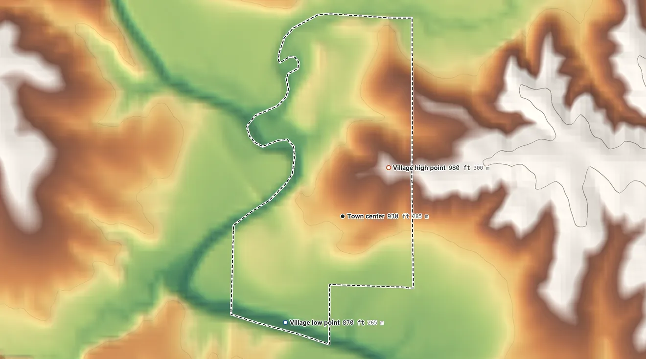 Topographic elevation map of Denver, Missouri, shaded from 870 ft on the southwest side to 980 ft on the northeast side