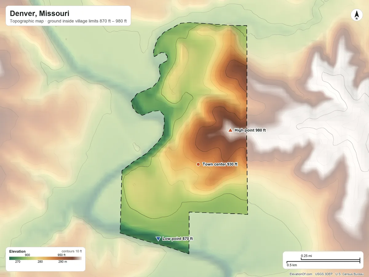 Topographic elevation map of Denver, Missouri, shaded from 870 ft on the southwest side to 980 ft on the northeast side