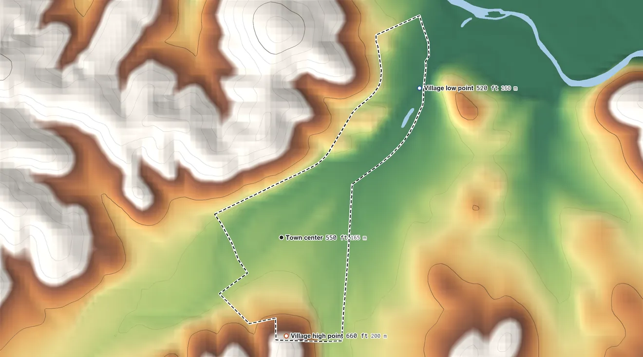 Topographic elevation map of Des Arc, Missouri, shaded from 520 ft on the northeast side to 660 ft at the foot of the Finleys Mountains