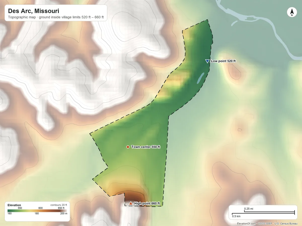 Topographic elevation map of Des Arc, Missouri, shaded from 520 ft on the northeast side to 660 ft at the foot of the Finleys Mountains