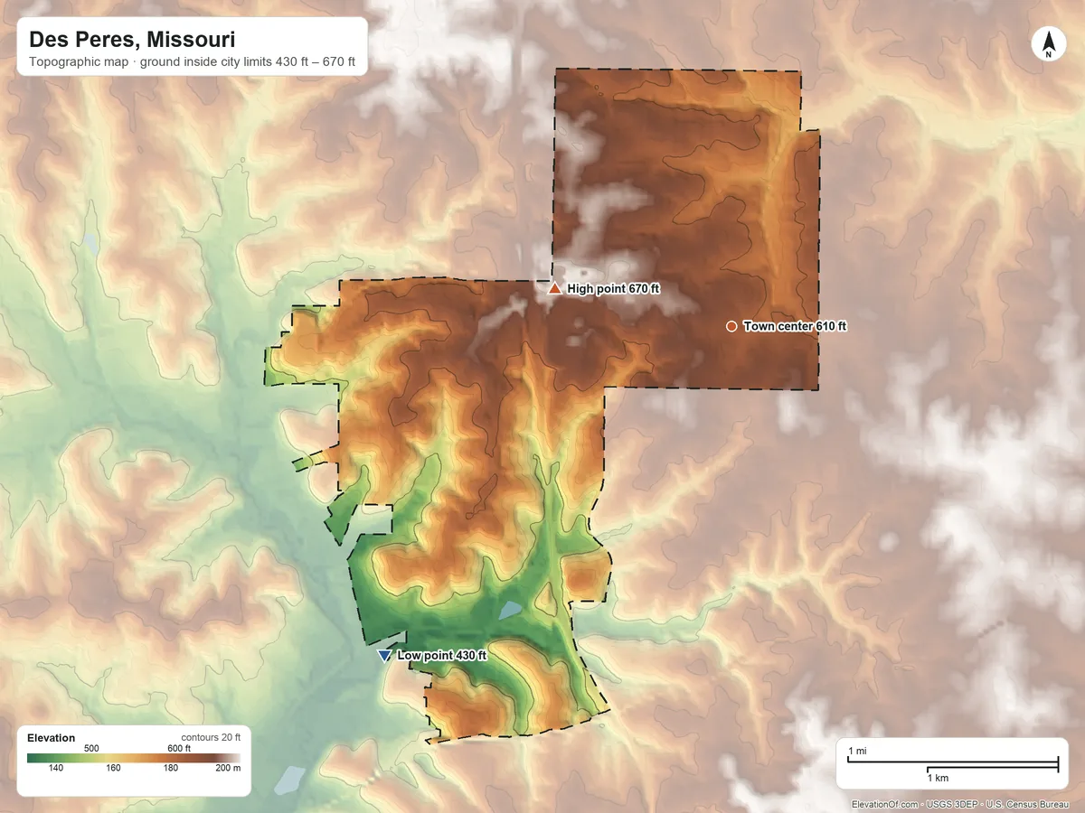 Topographic elevation map of Des Peres, Missouri, shaded from 430 ft on the southwest side to 670 ft on the west side