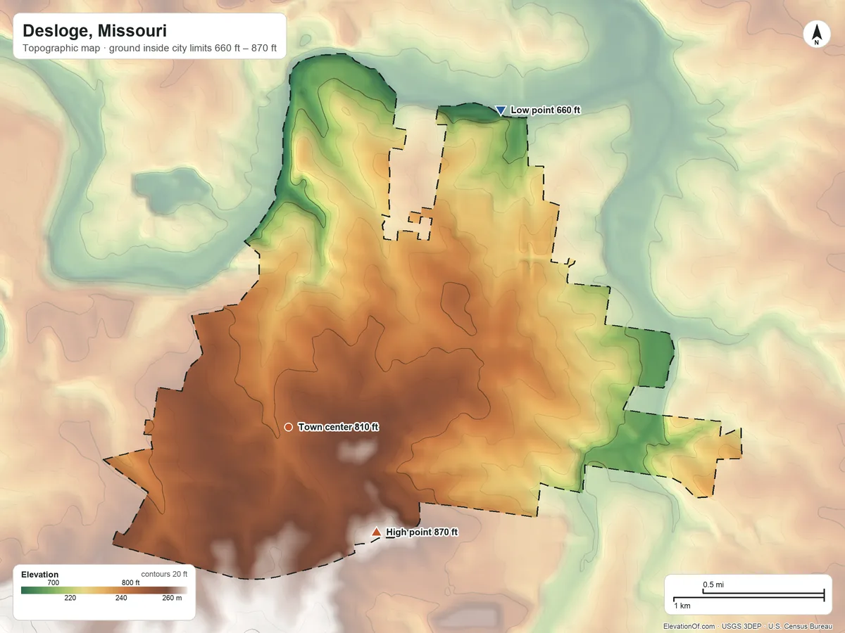 Topographic elevation map of Desloge, Missouri, shaded from 660 ft on the northeast side to 870 ft on the southeast side