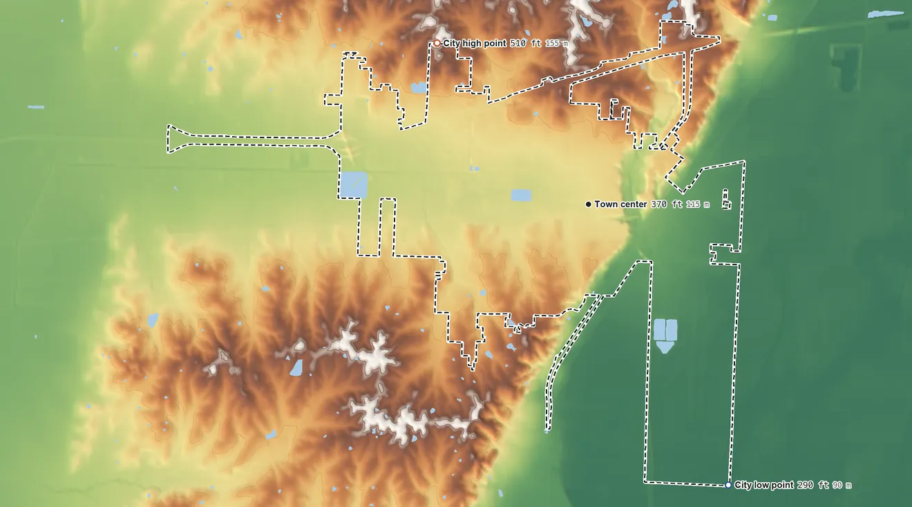 Topographic elevation map of Dexter, Missouri, shaded from 290 ft on the southeast side to 510 ft on the northwest side