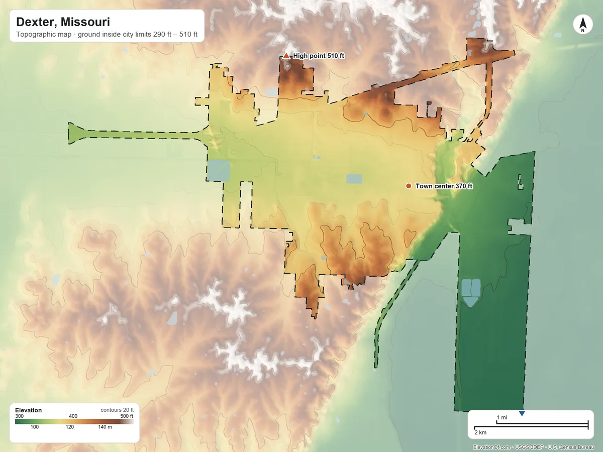 Topographic elevation map of Dexter, Missouri, shaded from 290 ft on the southeast side to 510 ft on the northwest side