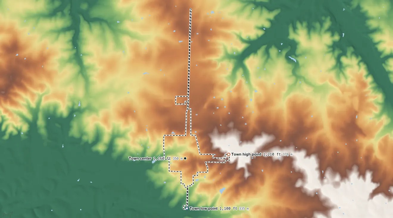 Topographic elevation map of Diamond, Missouri, shaded from 1,100 ft on the south side to 1,210 ft on the east side
