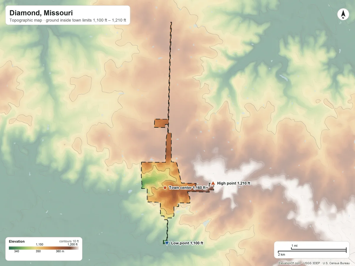 Topographic elevation map of Diamond, Missouri, shaded from 1,100 ft on the south side to 1,210 ft on the east side