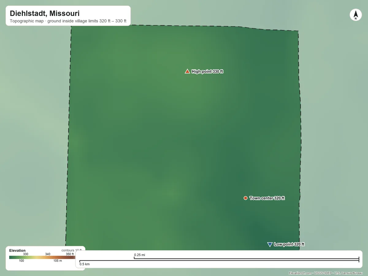 Topographic elevation map of Diehlstadt, Missouri, shaded from 320 ft on the southeast side to 330 ft on the northwest side