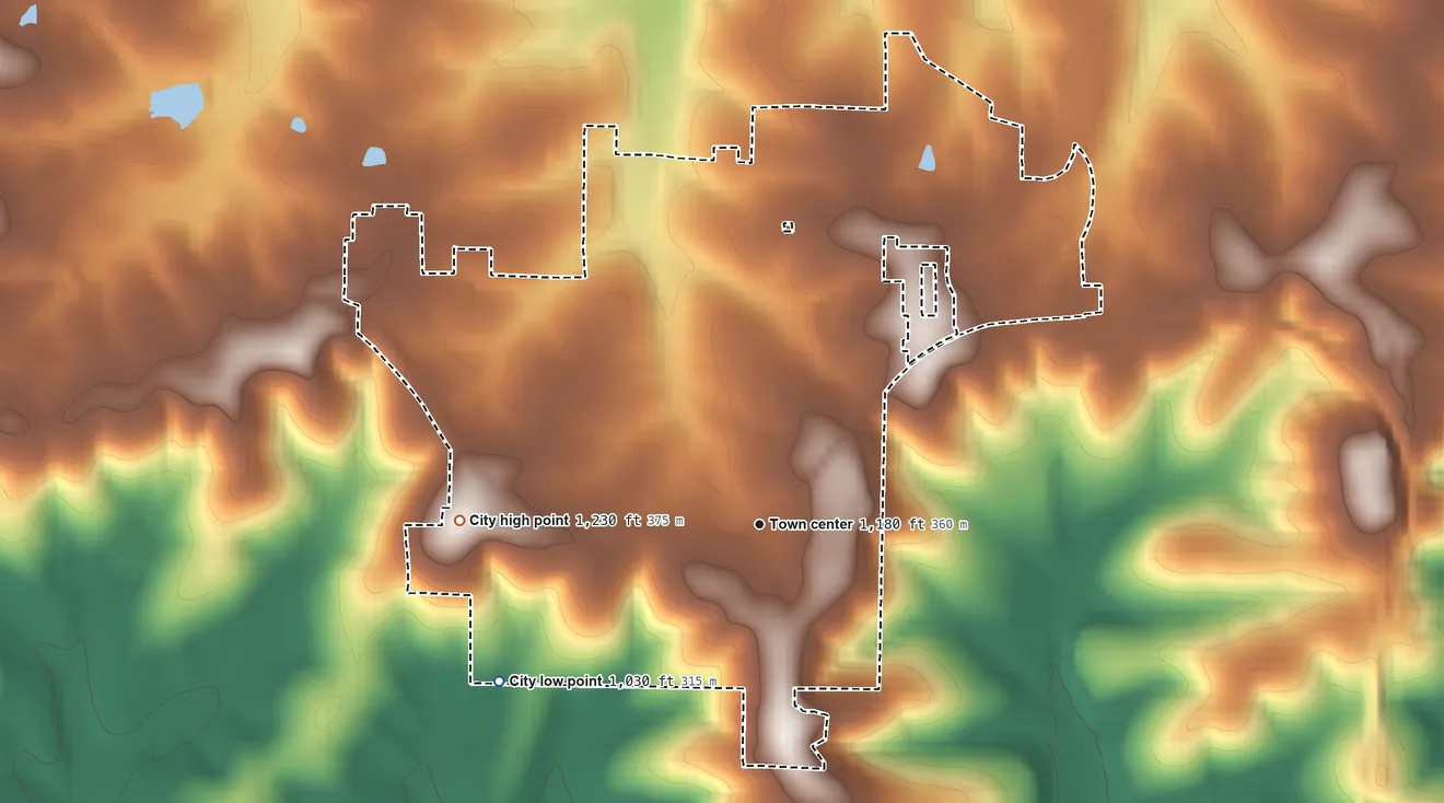 Topographic elevation map of Dixon, Missouri, shaded from 1,030 ft on the southwest side to 1,230 ft on the west side