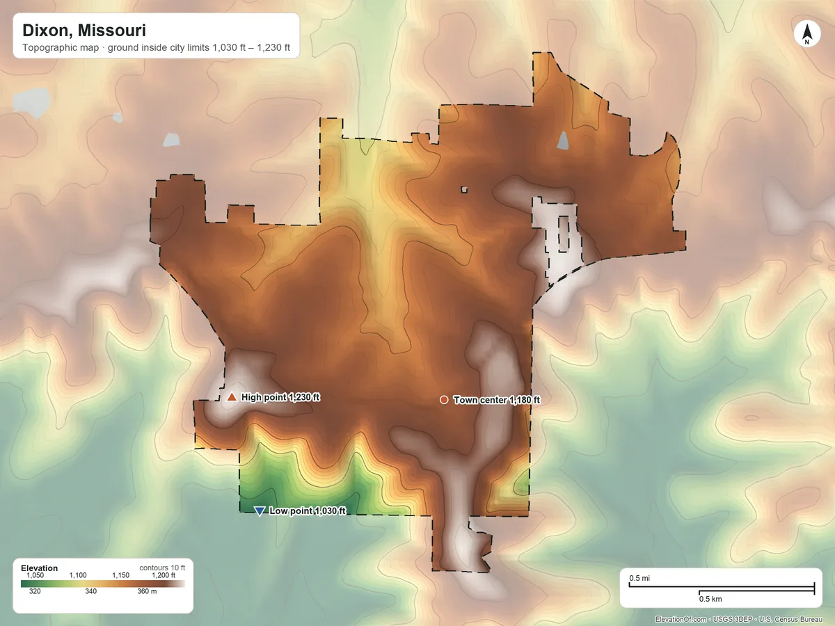 Topographic elevation map of Dixon, Missouri, shaded from 1,030 ft on the southwest side to 1,230 ft on the west side