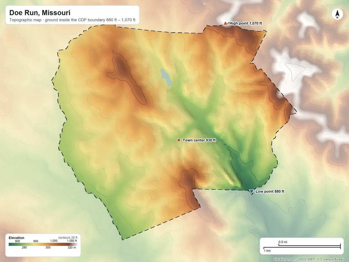 Topographic elevation map of Doe Run, Missouri, shaded from 880 ft on the southeast side to 1,070 ft on the north side