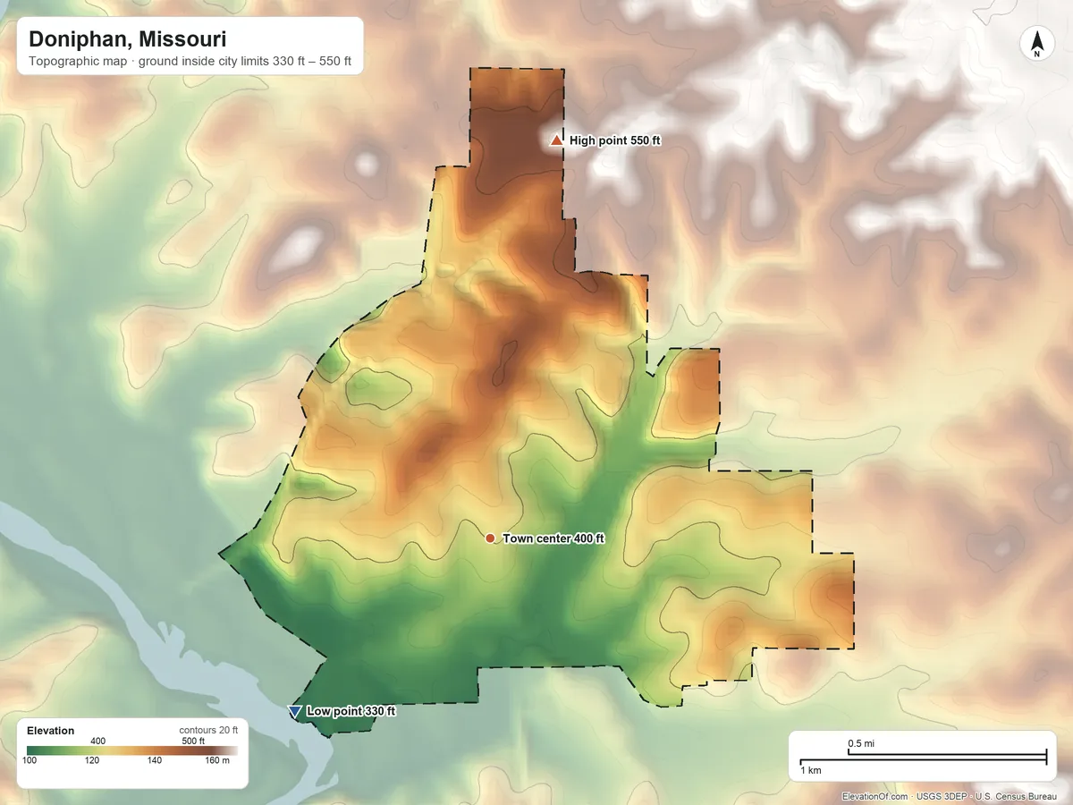 Topographic elevation map of Doniphan, Missouri, shaded from 330 ft on the southwest side to 550 ft on the north side