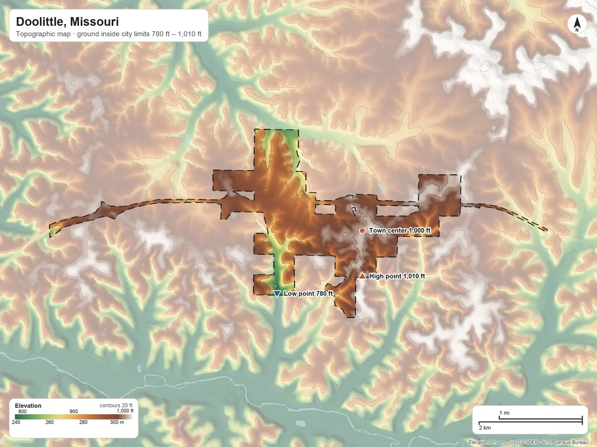 Topographic elevation map of Doolittle, Missouri, shaded from 780 ft on the southwest side to 1,010 ft near the middle