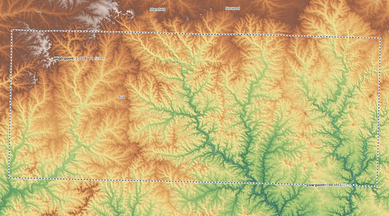 Topographic elevation map of Douglas County, Missouri, shaded from 700 ft on the southeast side to 1,710 ft on the west side