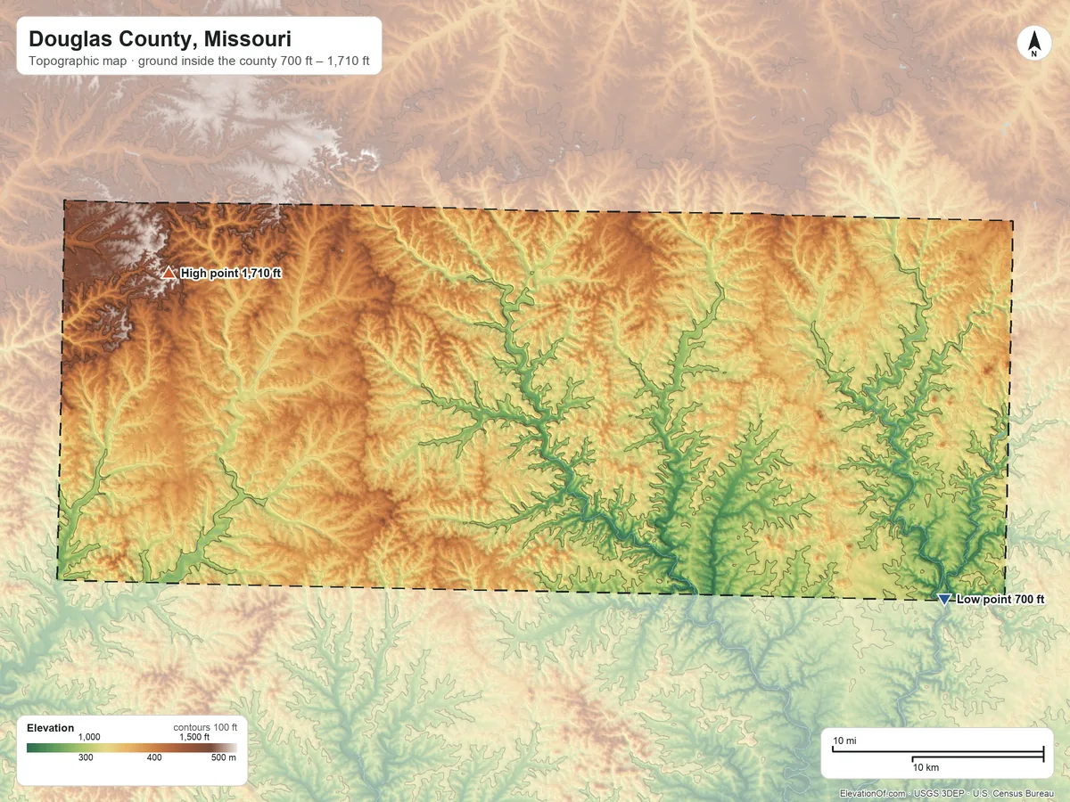 Topographic elevation map of Douglas County, Missouri, shaded from 700 ft on the southeast side to 1,710 ft on the west side