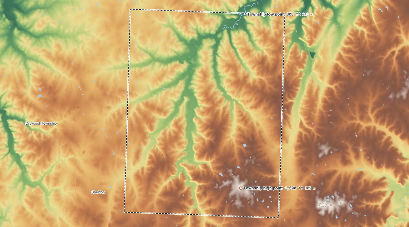 Topographic elevation map of Dover Township, Missouri, shaded from 800 ft on the north side to 1,000 ft on the south side