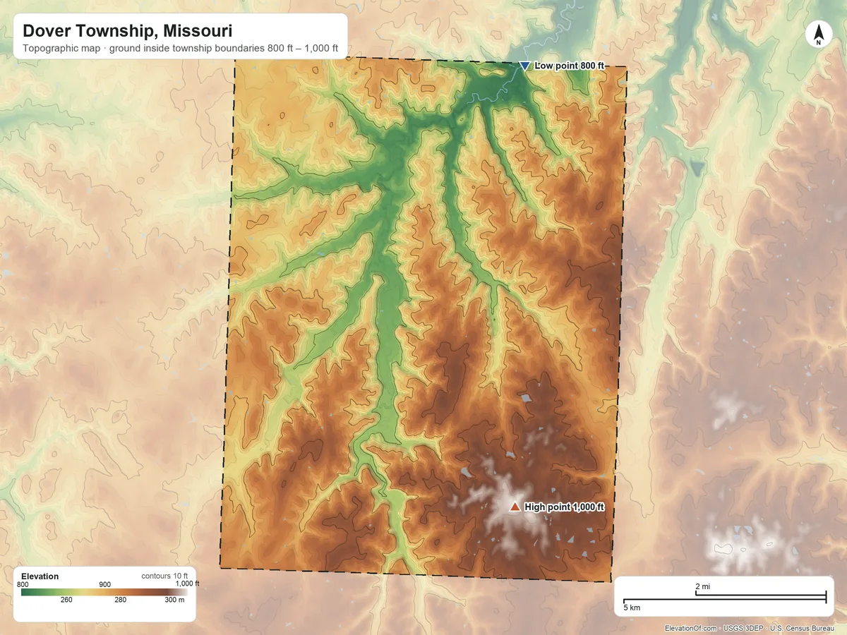 Topographic elevation map of Dover Township, Missouri, shaded from 800 ft on the north side to 1,000 ft on the south side