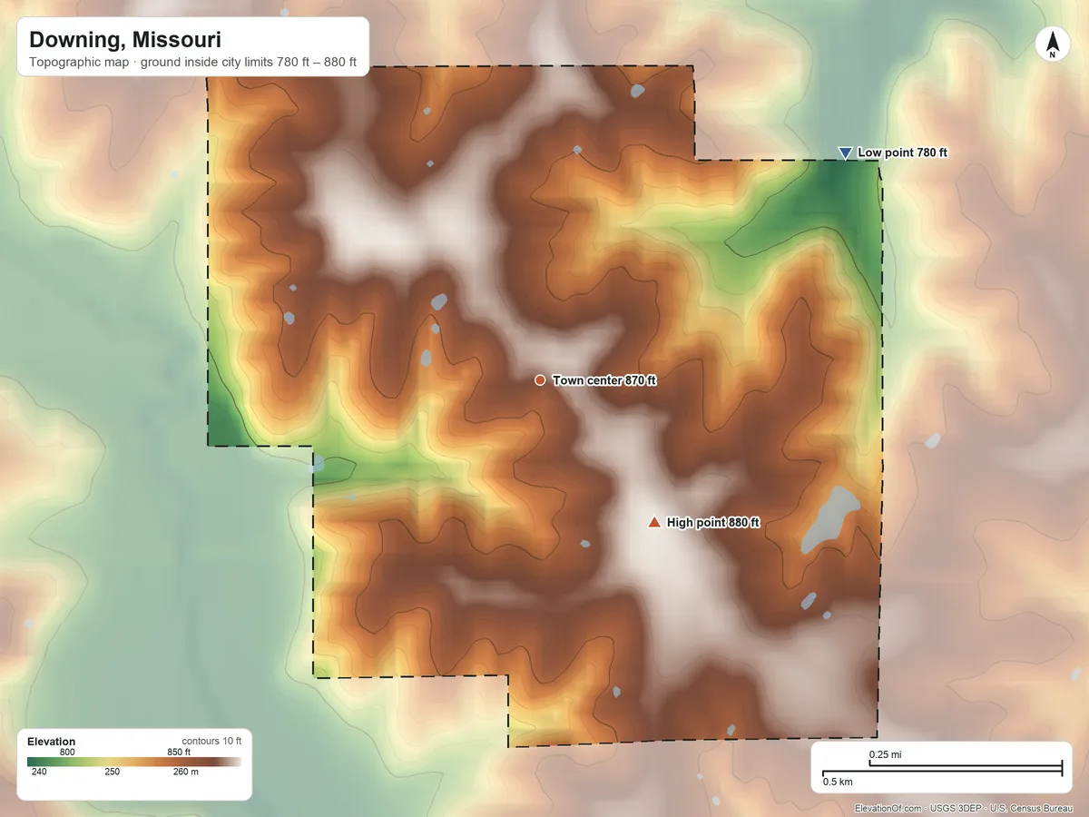 Topographic elevation map of Downing, Missouri, shaded from 780 ft on the northeast side to 880 ft on the southeast side