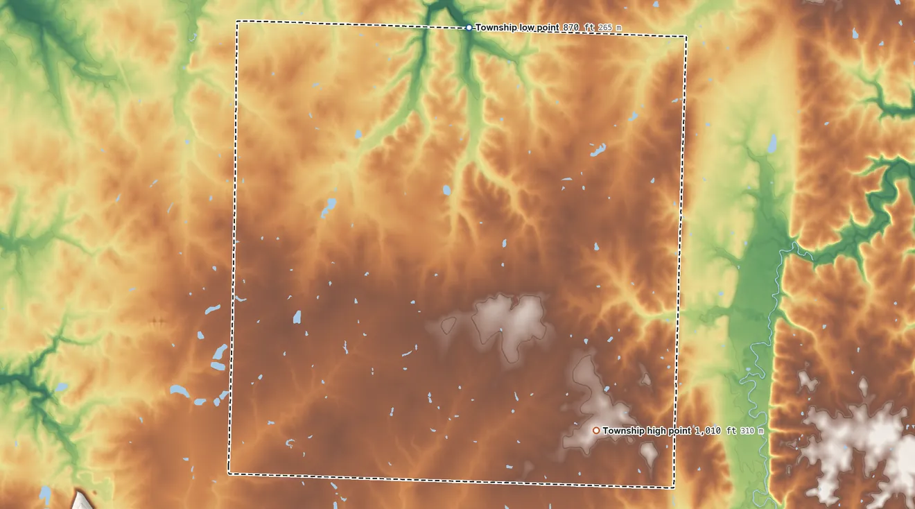 Topographic elevation map of Doylesport Township, Missouri, shaded from 870 ft on the north side to 1,010 ft on the southeast side