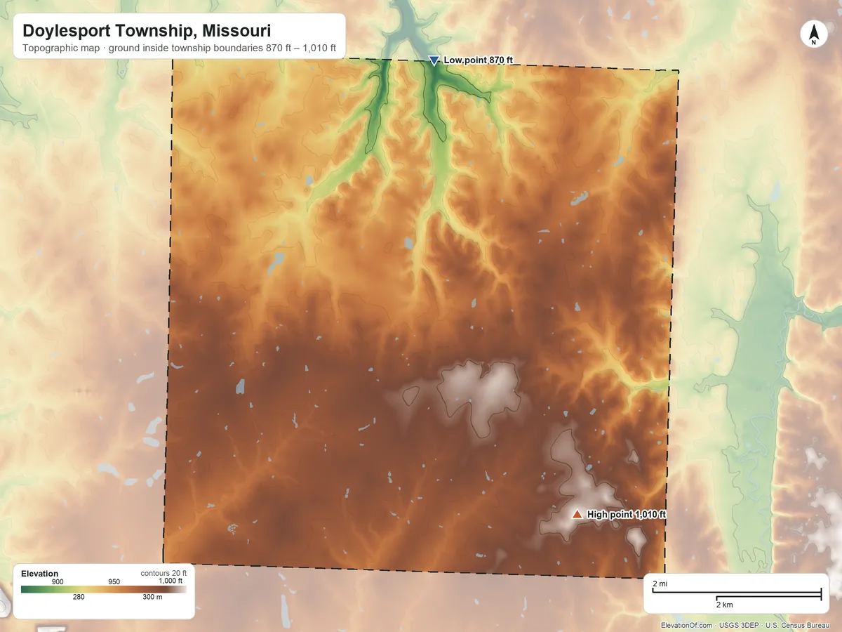 Topographic elevation map of Doylesport Township, Missouri, shaded from 870 ft on the north side to 1,010 ft on the southeast side