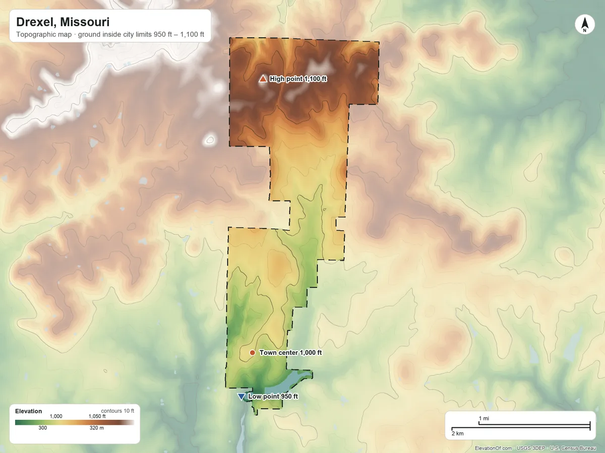 Topographic elevation map of Drexel, Missouri, shaded from 950 ft on the south side to 1,100 ft on the north side