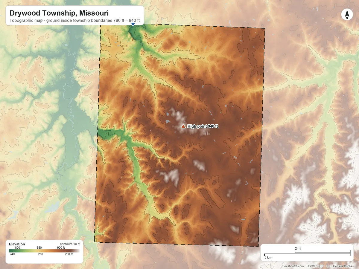 Topographic elevation map of Drywood Township, Missouri, shaded from 780 ft on the north side to 940 ft on the northeast side