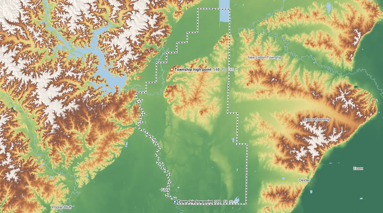 Topographic elevation map of Duck Creek Township, Missouri, shaded from 300 ft on the south side to 540 ft on the northwest side