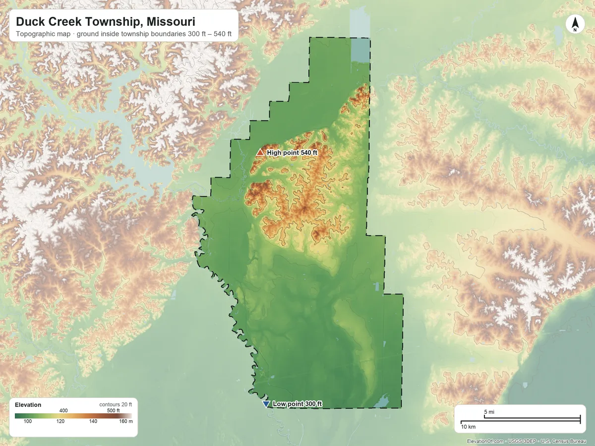 Topographic elevation map of Duck Creek Township, Missouri, shaded from 300 ft on the south side to 540 ft on the northwest side