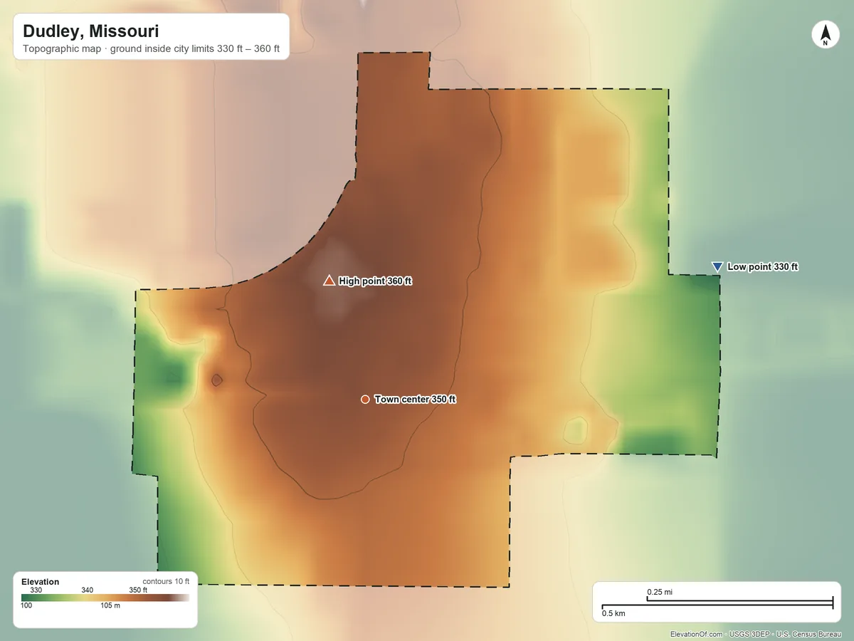 Topographic elevation map of Dudley, Missouri, shaded from 330 ft on the east side to 360 ft on the north side
