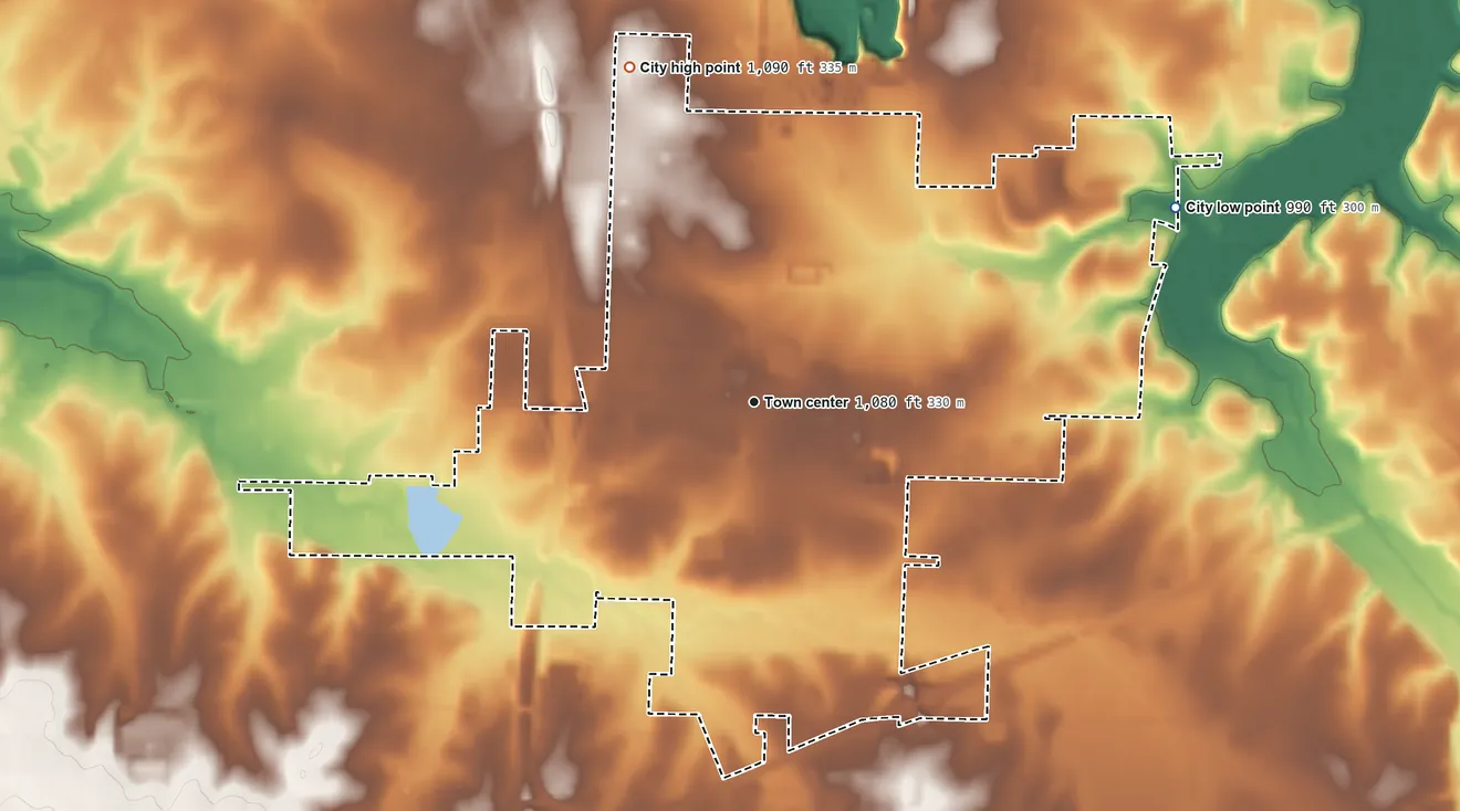 Topographic elevation map of Duenweg, Missouri, shaded from 990 ft on the northeast side to 1,090 ft on the north side
