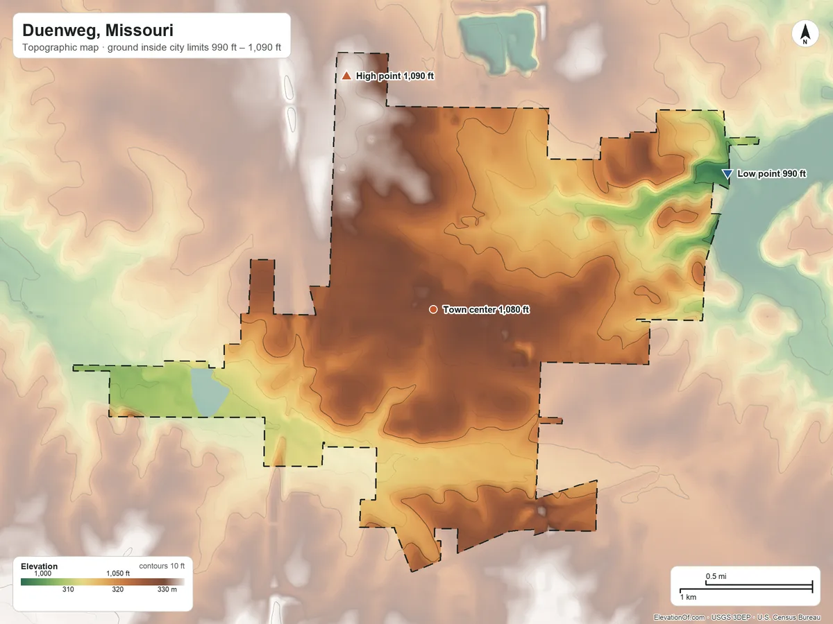 Topographic elevation map of Duenweg, Missouri, shaded from 990 ft on the northeast side to 1,090 ft on the north side