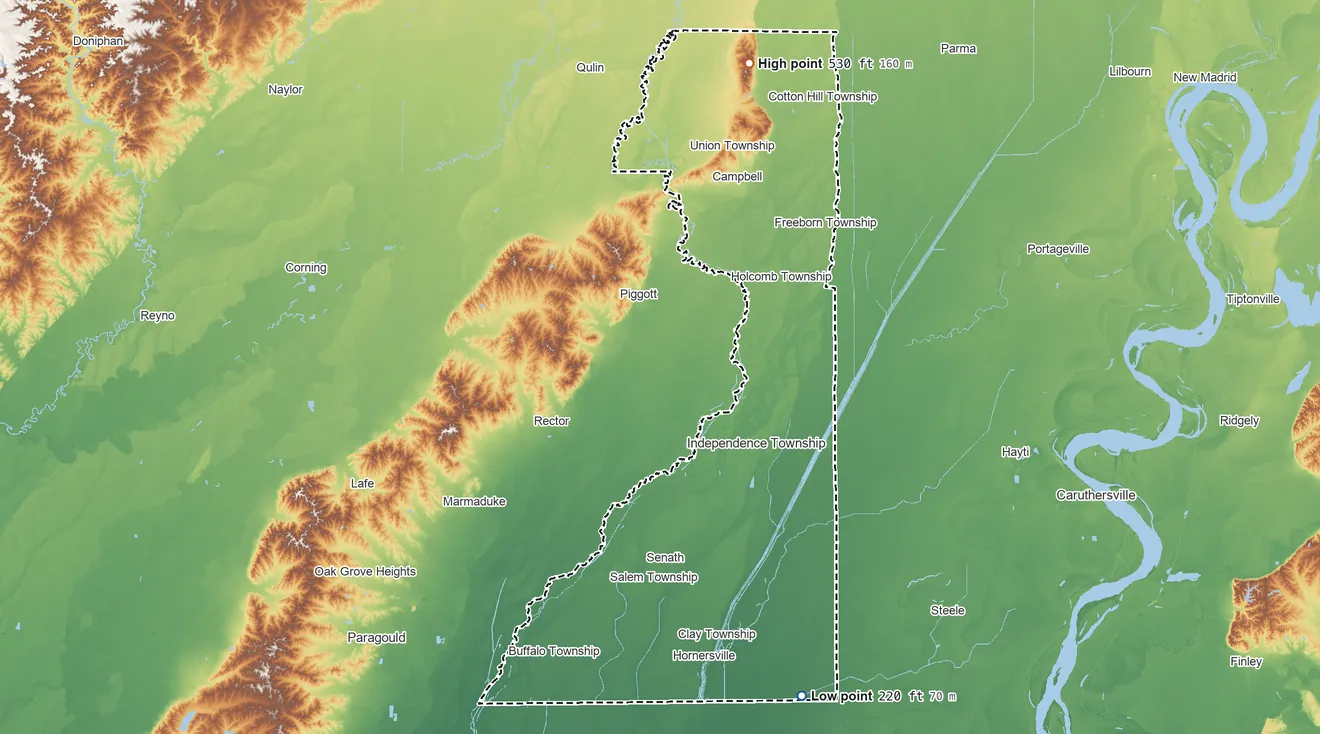 Topographic elevation map of Dunklin County, Missouri, shaded from 220 ft on the southeast side to 530 ft on the north side