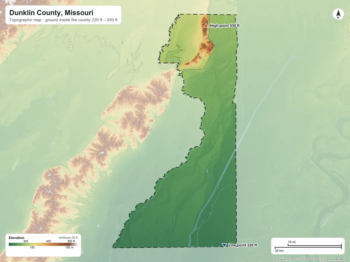Topographic elevation map of Dunklin County, Missouri, shaded from 220 ft on the southeast side to 530 ft on the north side