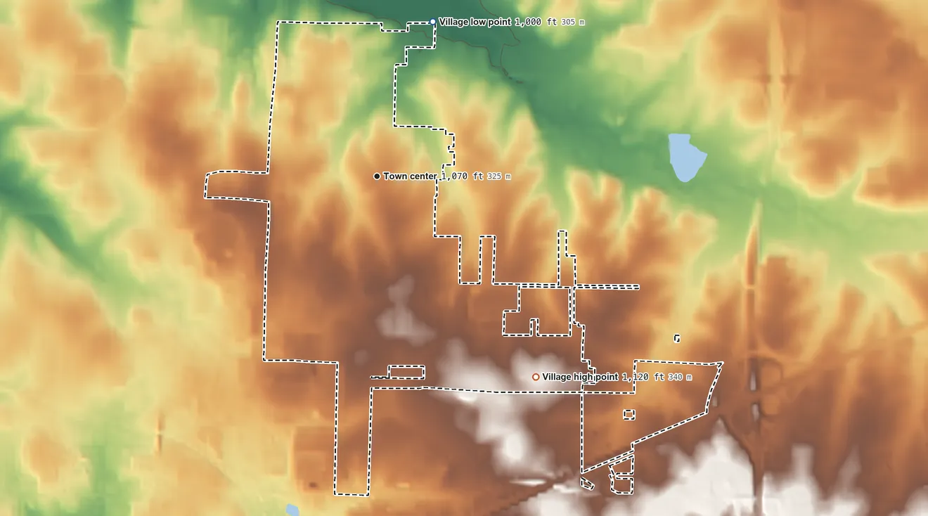 Topographic elevation map of Duquesne, Missouri, shaded from 1,000 ft on the north side to 1,120 ft on the southeast side