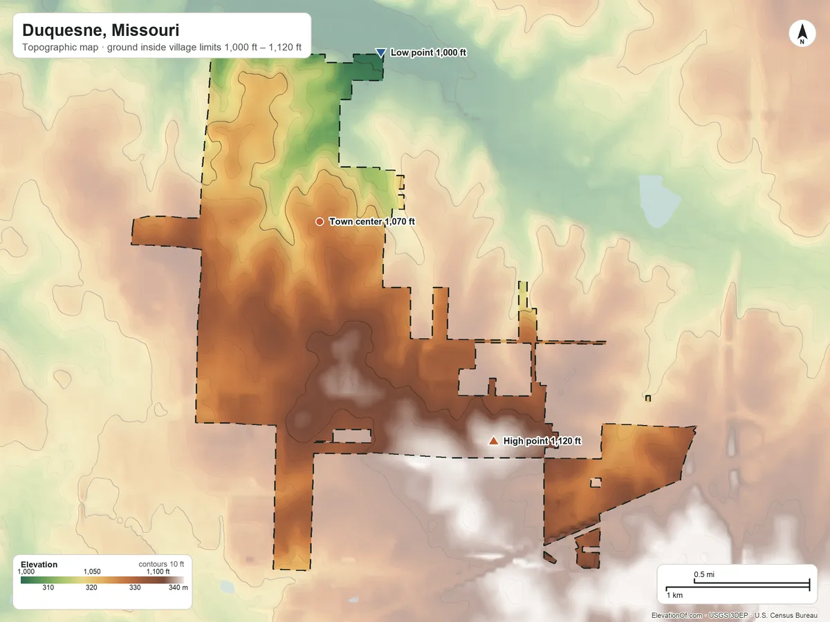 Topographic elevation map of Duquesne, Missouri, shaded from 1,000 ft on the north side to 1,120 ft on the southeast side