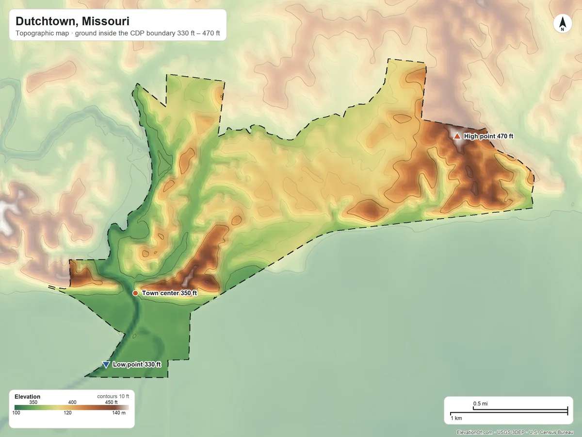 Topographic elevation map of Dutchtown, Missouri, shaded from 330 ft on the south side to 470 ft on the northeast side