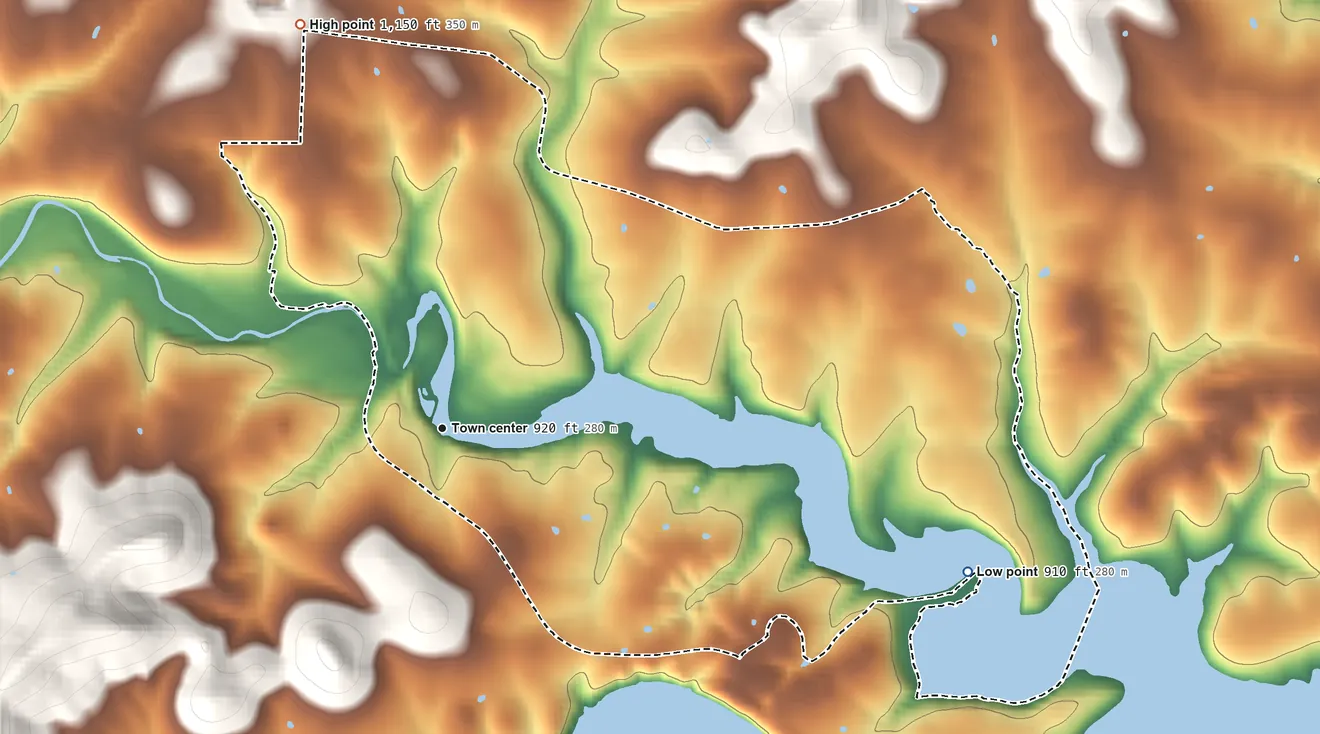 Topographic elevation map of Eagle Rock, Missouri, shaded from 910 ft on the east side to 1,150 ft on the north edge, below higher ground just outside