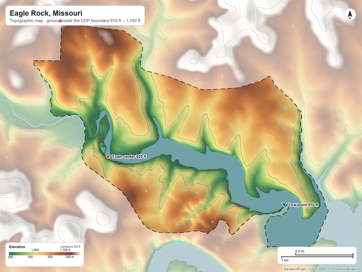 Topographic elevation map of Eagle Rock, Missouri, shaded from 910 ft on the east side to 1,150 ft on the north edge, below higher ground just outside