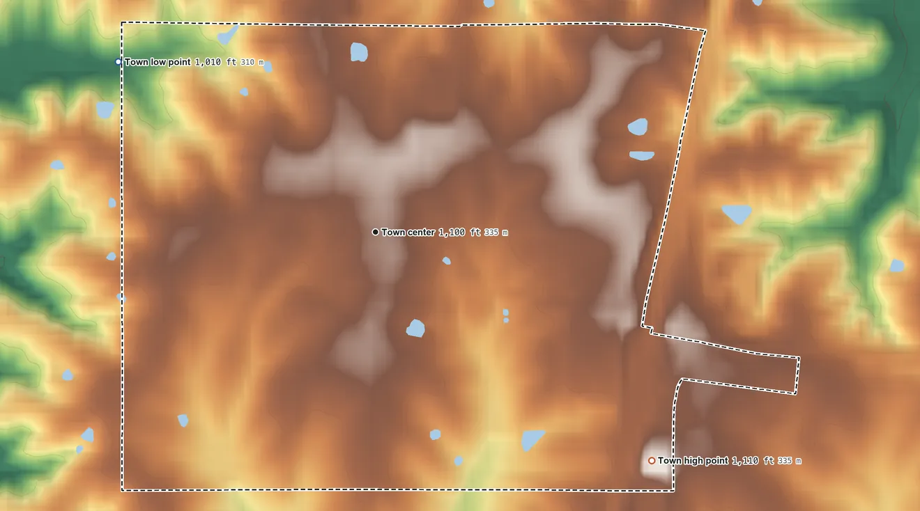 Topographic elevation map of Eagleville, Missouri, shaded from 1,010 ft on the northwest side to 1,110 ft on the southeast side